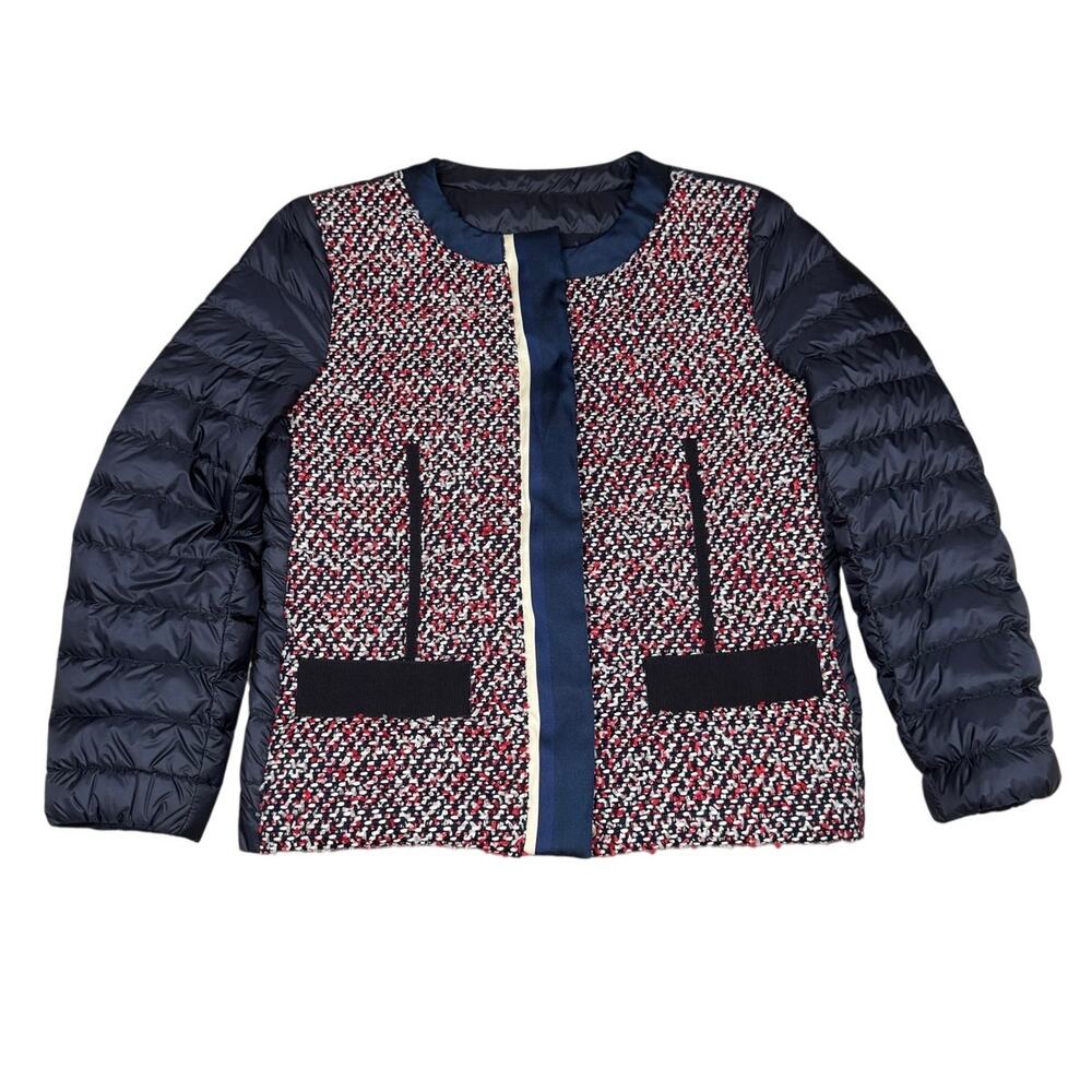 Moncler Ossau Tweed Quilted Down Jacket Size 0 Blue Red Collarless Puffer